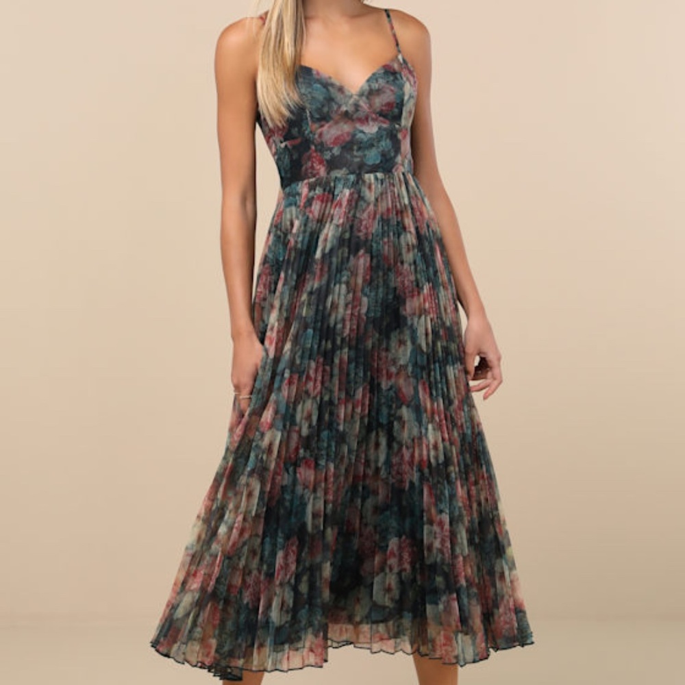 Lulus Alondra Dark Green Multi Floral Pleated Midi Dress - Size S
